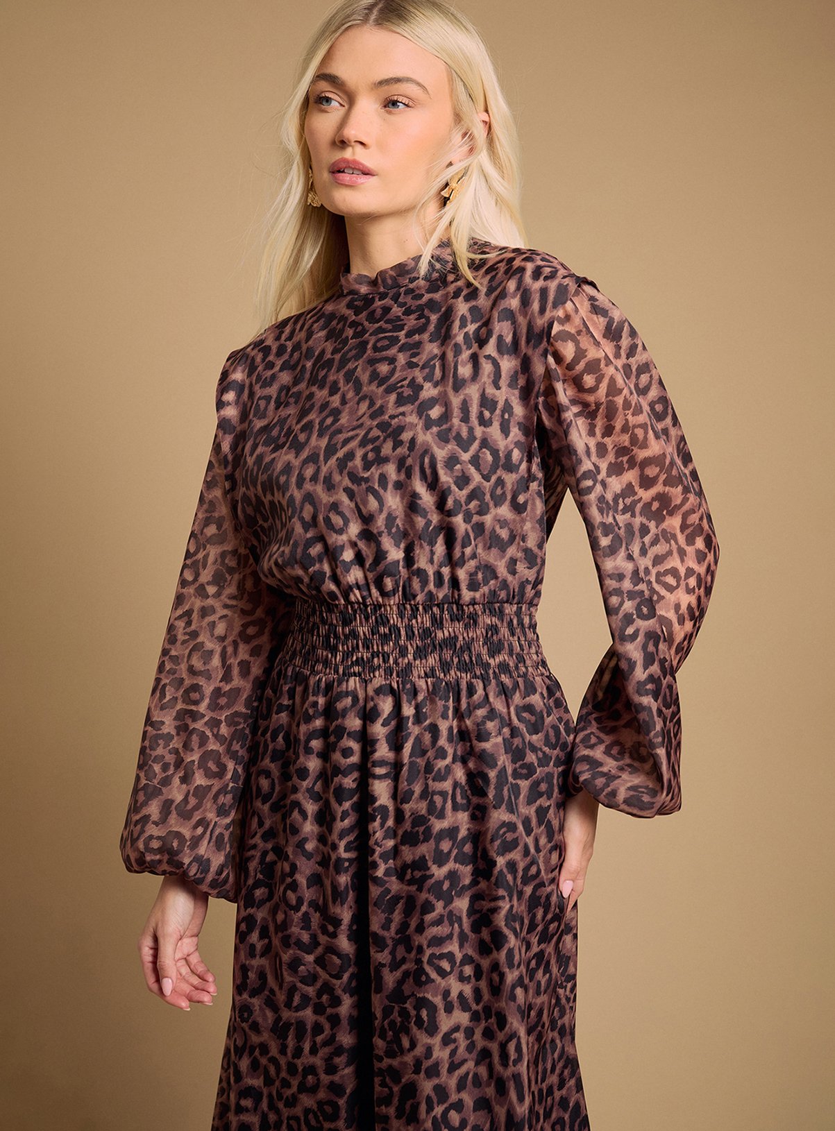 OASIS Leopard Organza Shirred Waist Midi Dress 8 - Image 2 thumbnail